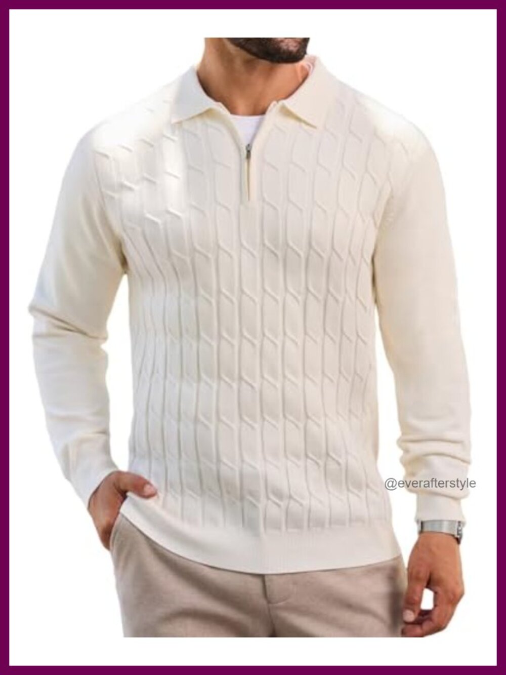 Men's Quarter Zip Polo Sweater Cable Knit Long Sleeve Pullover